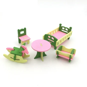 

1:12 Dollhouse Miniature Furniture Wooden Baby Room Furniture Toy Desk Cabinet Bed Rocking Chair Set for Doll House Decor