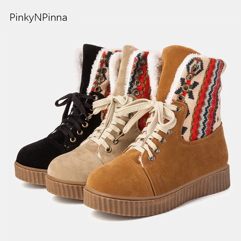 Cena Damskie buty śniegowe czeski styl vintage sznurowane płaskie kwiatowy pluszowe wewnątrz, ciepłe, wygodne, nie śliskie zima botki
