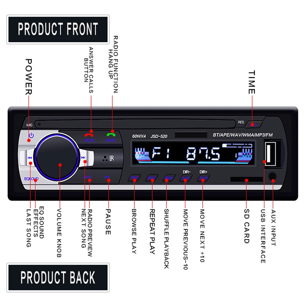 Podofo JSD-520 1 din автомобильный MP3 мультимедийный плеер Автомобильный стерео радио fm-приемник Aux вход SD USB 12 В в-тире Bluetooth Авто радио