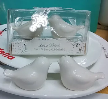 

free shipping 20boxes=40pcs/lot porcelain love birds salt pepper shaker sets favors in gift box ceramic wedding favors and gifts