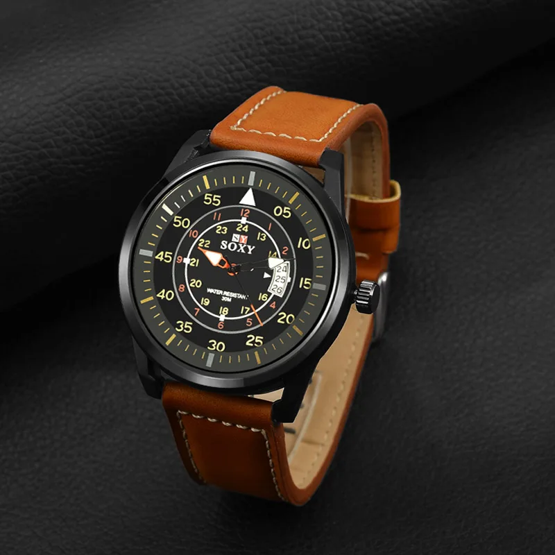 

SOXY Brand New Fashion Leather Strap Sport Watches Men Quartz Watch Waterproof Wristwatches Male Table Montre Homme Reloj Hombre