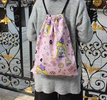 

IVYYE Sailor Moon Pink Drawstring Backpack Fashion Canvas Backpacks Casual String Bags Anime Knapsack Unisex New