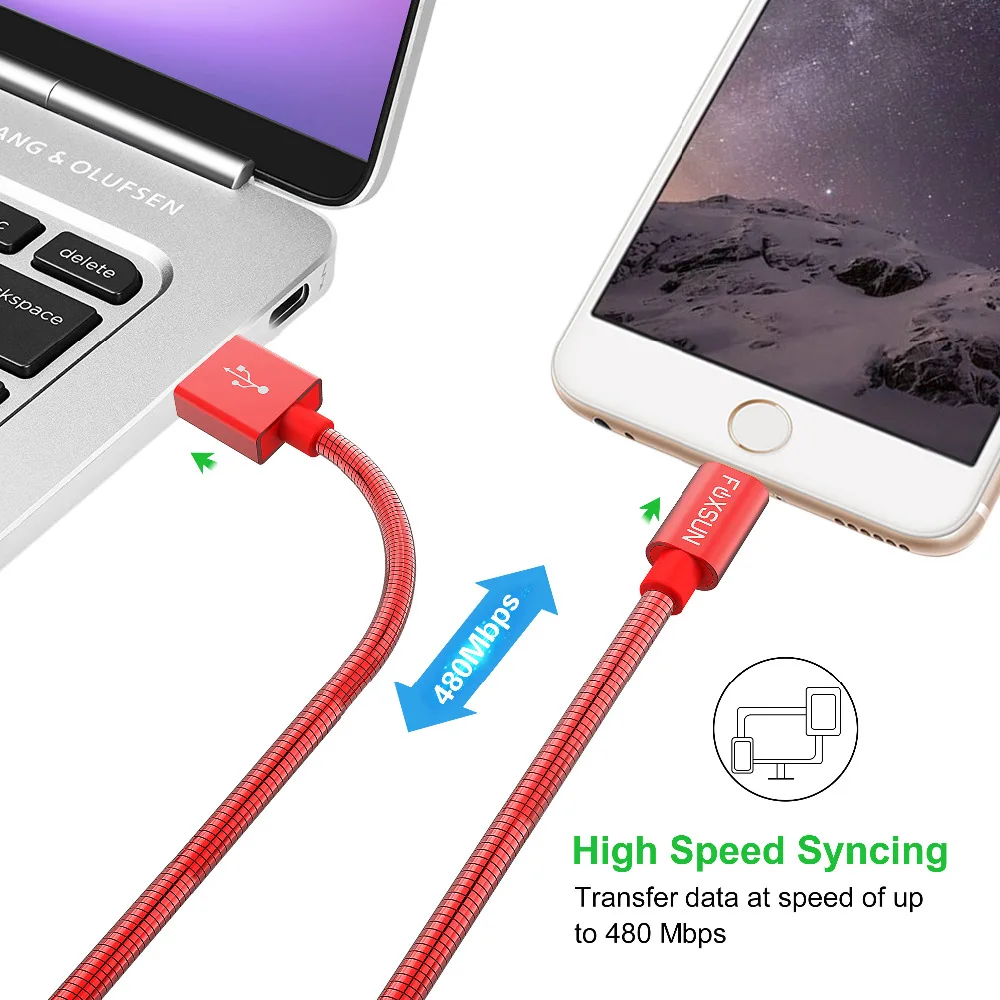 Foxsun металл для iPhone зарядный кабель прочный 3.3FT/1 м для Lightning-USB кабель, синхронизация и зарядный Шнур для iPhone X/8/7/6/5