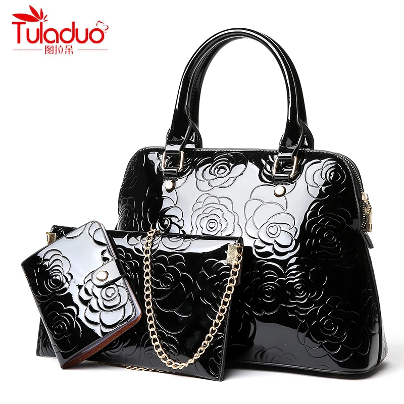 High Quality Patent Leather Women font b Handbags b font Luxury Floral 3 font b Sets