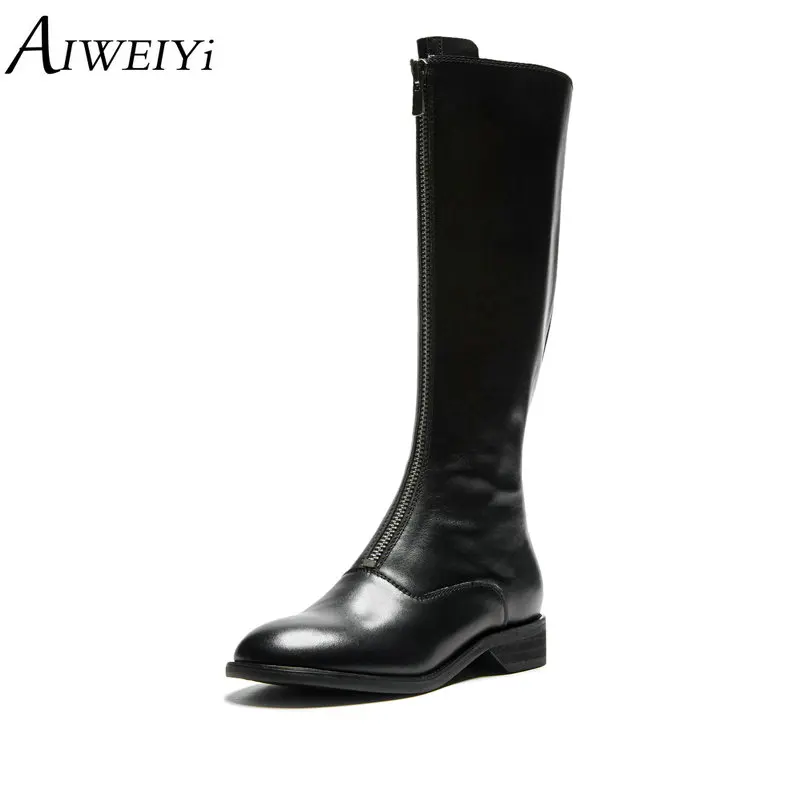 

AIWEIYi Black Knee High Boots for Women Retro Style Thick Heel Low Heels Thigh High Boots Front Zip Autumn Winter Martin Boots