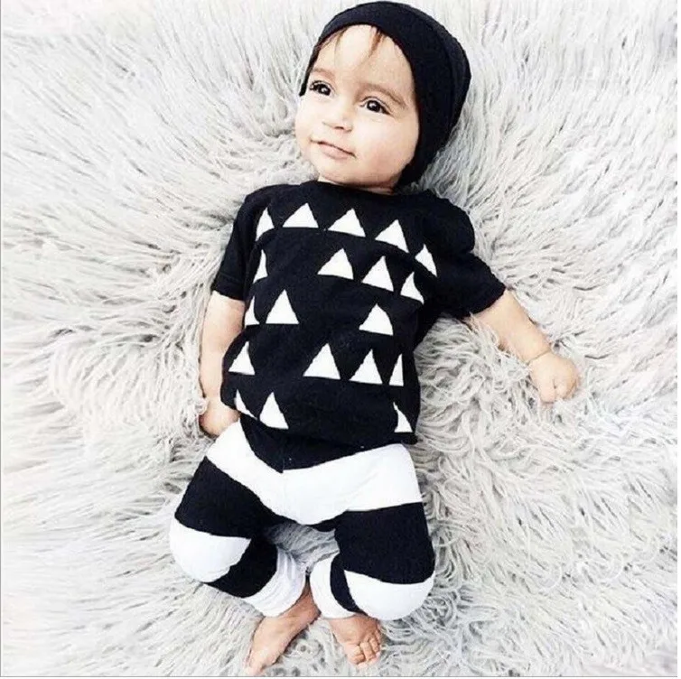 Baby Summer clothing Children kids Boys Set  Short Black Triangle Square Casual T-shirt+ Pants baby clothes Sets