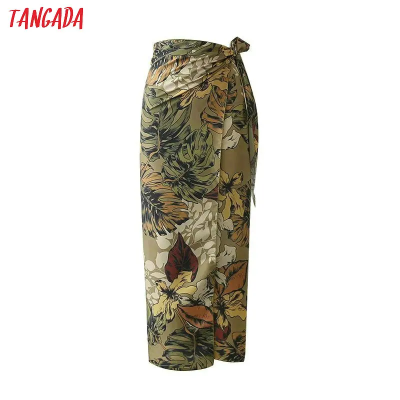 

Tangada Women flower print pencil Skirts beach bow tie mid calf lenght Fashion Ladies Brand Vintage High Waist Skirts XD234