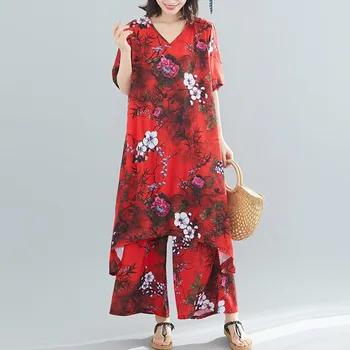 

Plus Size Women Sets Loose Big Size Female Lady Tops Shirt Long Pants Elegant Vintage Suit Print Floral 2019 Summer Red LP333