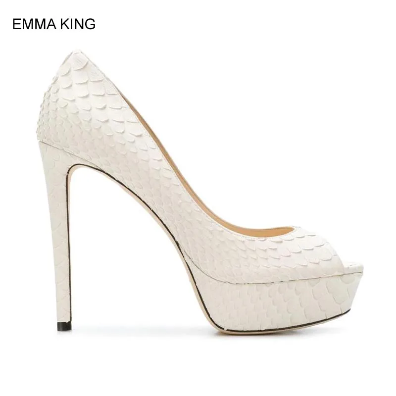 

EMMA KING Peep Toe Thin High Heels Women Pumps Platform Fish Scale Shallow Slip On Mujer Sandals Elegant Style Party Lady Shoes
