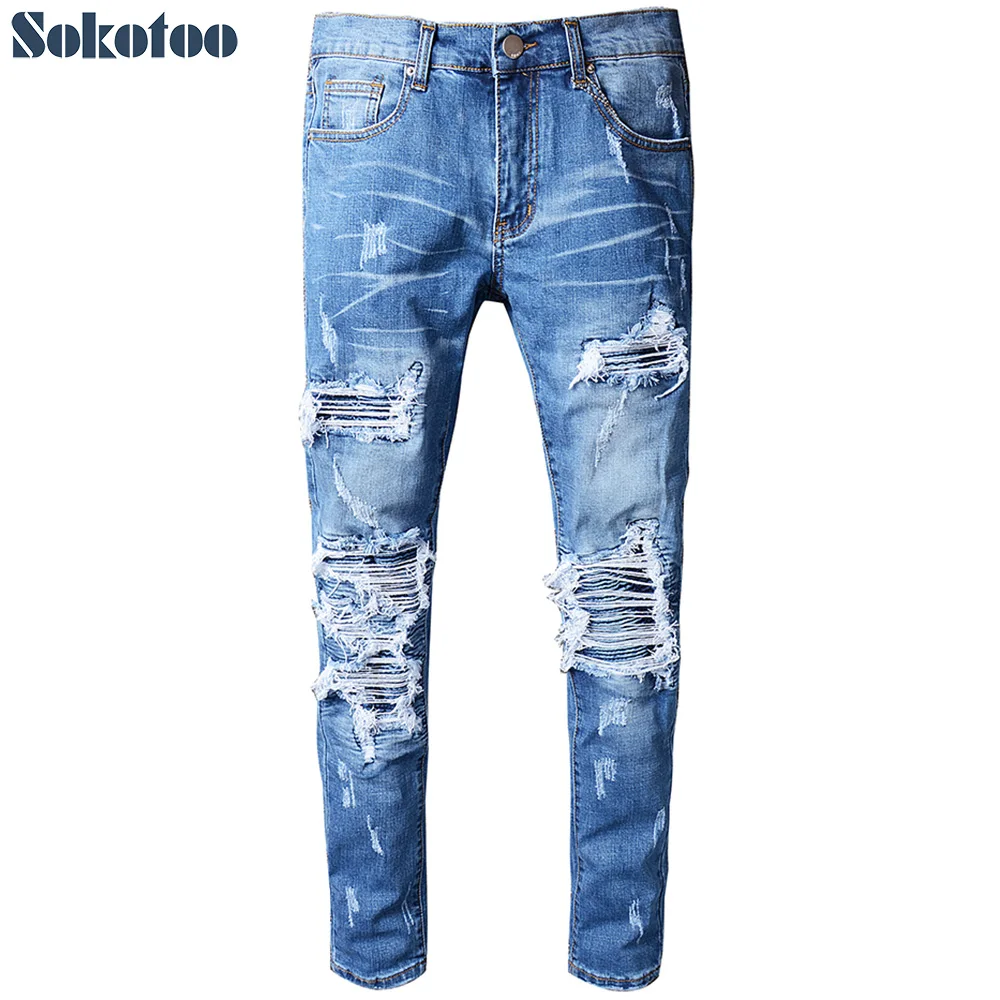 Sokotoo Men's blue pleated patchwork hole ripped biker jeans for motorcycle Casual slim skinny distressed stretch denim pants Sokotoo Men's blue pleated patchwork hole ripped biker jeans for motorcycle Casual slim skinny distressed stretch denim pants