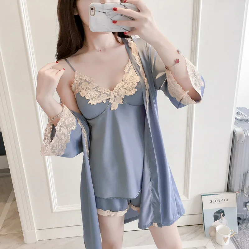

Women Robe Sets Shorts+Pants+Robe Sexy Homewear Gown Robe Set Elegant Bathrobe Set 3 Pcs Robe Sleepwear For Women Satin Silk