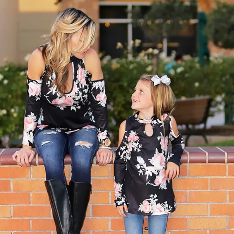 

Fashion Mother Daughter Women Girls Long Tops Off Shoulder Floral Casual Family Matching Outfits Clothes 2018 New
