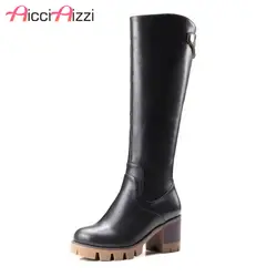 AicciAizzi Для женщин круглый носок высокие сапоги до колен на платформе женская обувь на низком квадратном каблуке с круглым носком женская