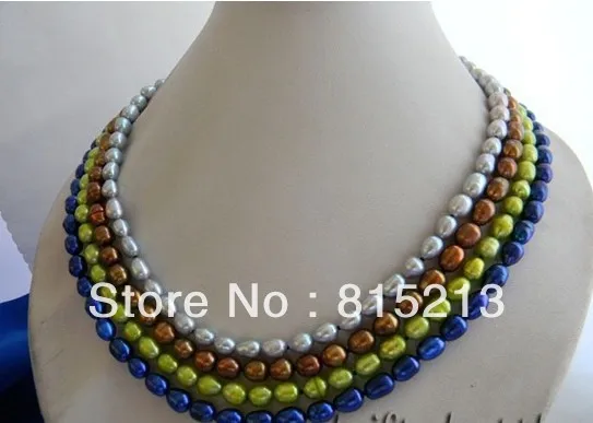

FREE SHIPPING>@@> N1697 4Strands 18'' 6mm Gray Coffee Green Blue Rice Freshwater Pearl Necklace