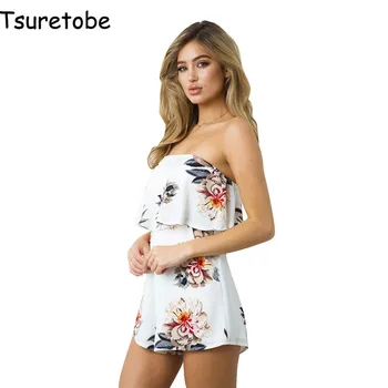 

Tsuretobe Summer White Floral Print Beach Playsuit Women Romper Sexy Strapless Ruffles Elegant Jumpsuit Female Backless Overalls