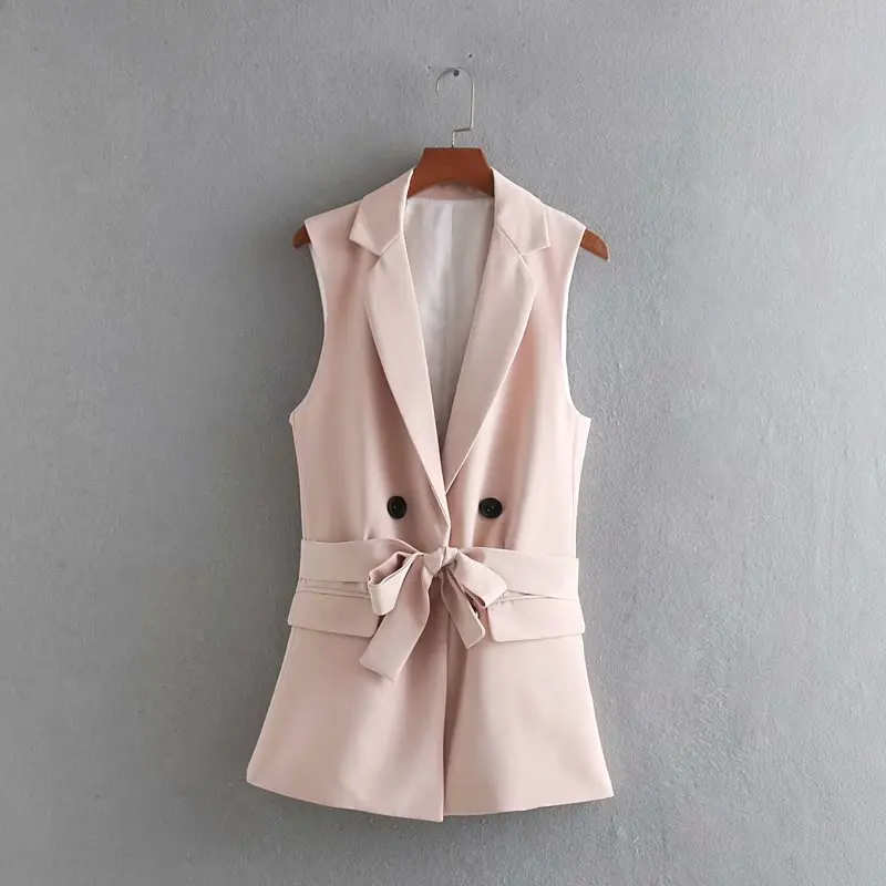 

2019 Women fashion double breasted turn down collar sashes vest jacket ladies pockets casual business outwear waistCoat CT215