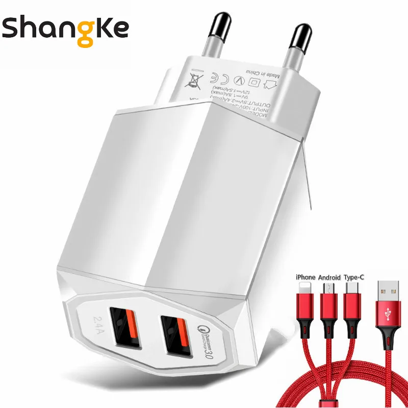 Travel Charger Quick Charge3.0 Fast Charger Portable Wall USB Power Adapter Charging For Iphone Samsung Xiomi With 3-in-1 cable