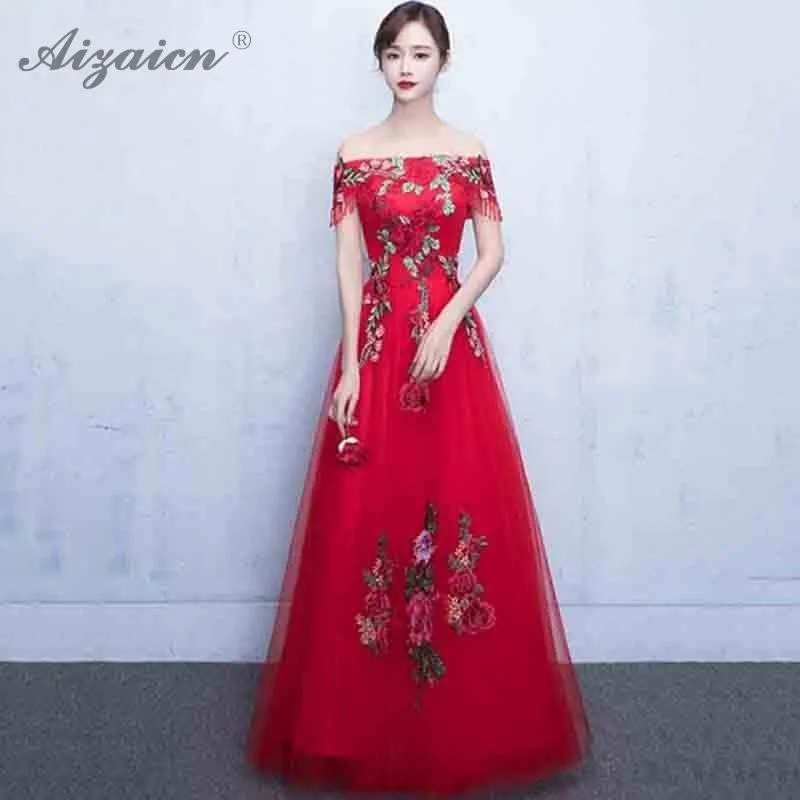 

Summer 2019 New Strapless Embroidery Long Cheongsam Modern Red Bridesmaid Dresses Qi Pao Women Chinese Traditional Wedding Dress