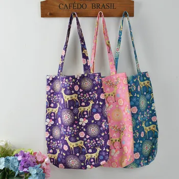 

YILE 2 Layer with Cotton lining Cotton Linen Shopping Tote Carrying Shoulder Bag Flower Deer Blue Purple Pink 804