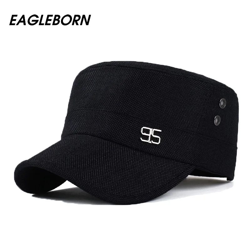 

2019 Classic Vintage Flat Top Mens Caps Army Hat Adjustable Fitted 95 Logo Linen Cap Spring Summer Casual Military Hats For Men