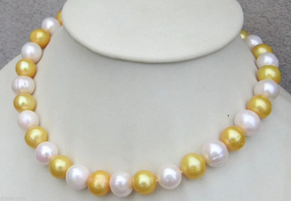 

17"11-12MM SOUTH SEA WHITE+ GOLD PEARL NECKLACE 14Kclasp ^^^@^Noble style Natural Fine jewe FREE SHIPPING