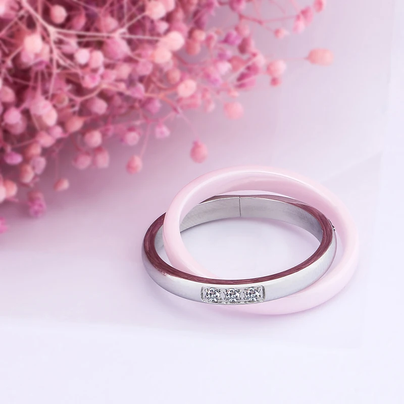 New Stainless Steel Ceramic Pink Round Zircon Ring For Women Girl Wedding Fashion Jewelry Engagement Promise Double Finger Rings