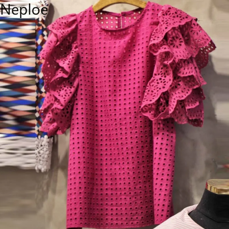 

Neploe Short Sleeve Shirt Female Elegant Ruffles Hollow Out Patchwork Blouse Women Summer 2019 Fashion White Pink Tops Blusas