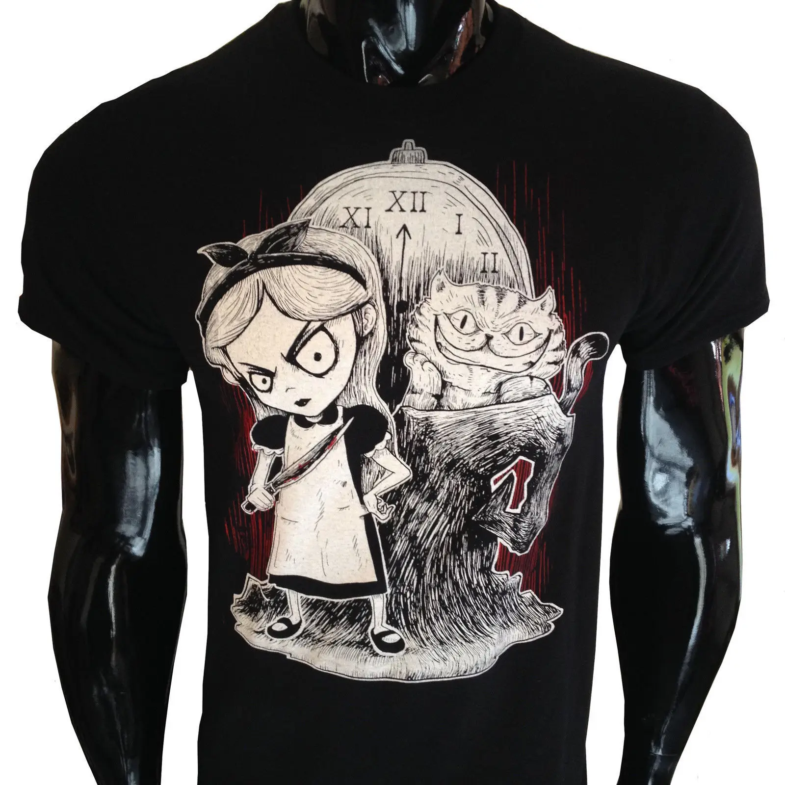 Gothic Alice in Wonderland T-Shirt Mens evil mad nightmare cheshire burton rock 100% Cotton Short Sleeve O-Neck Tops Tee Shirts | Мужская