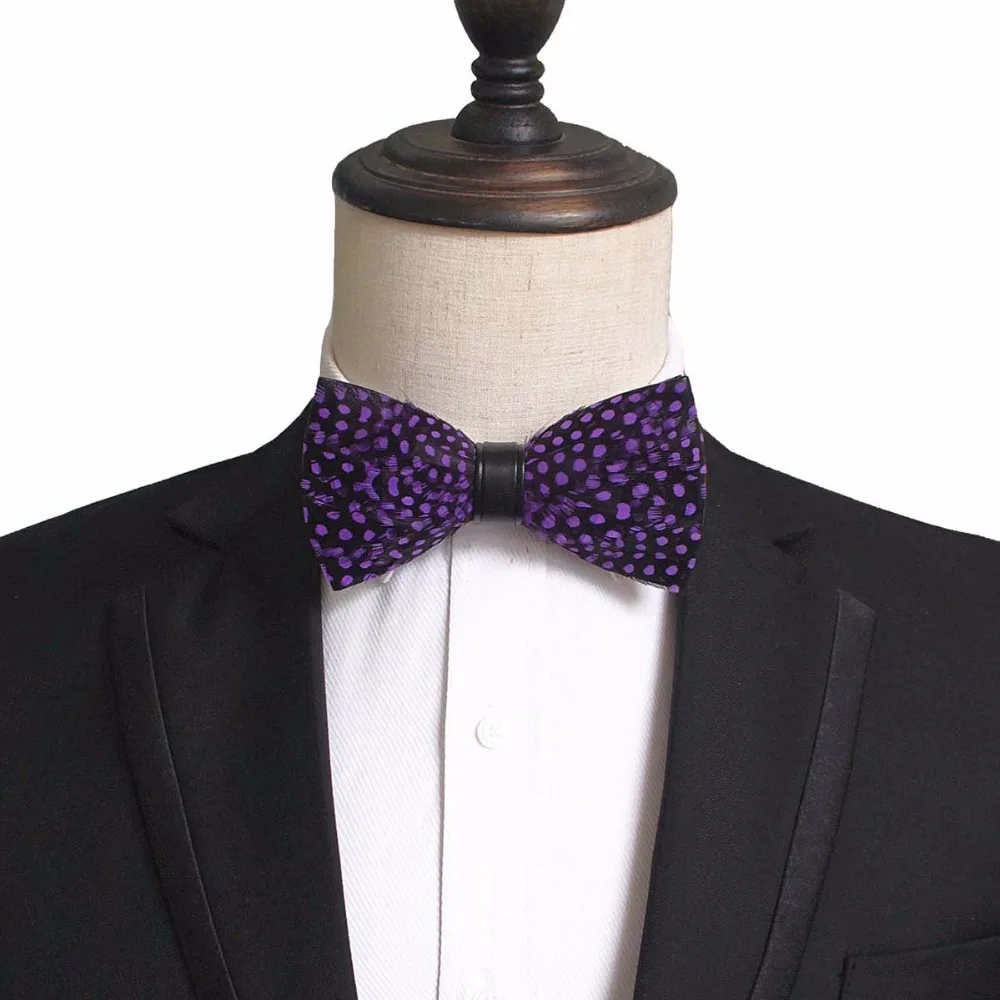  New Fashion Mens Handmade Feather and Leather Bow Tie Pre-tied Bowtie For Wedding Party With Gift Box