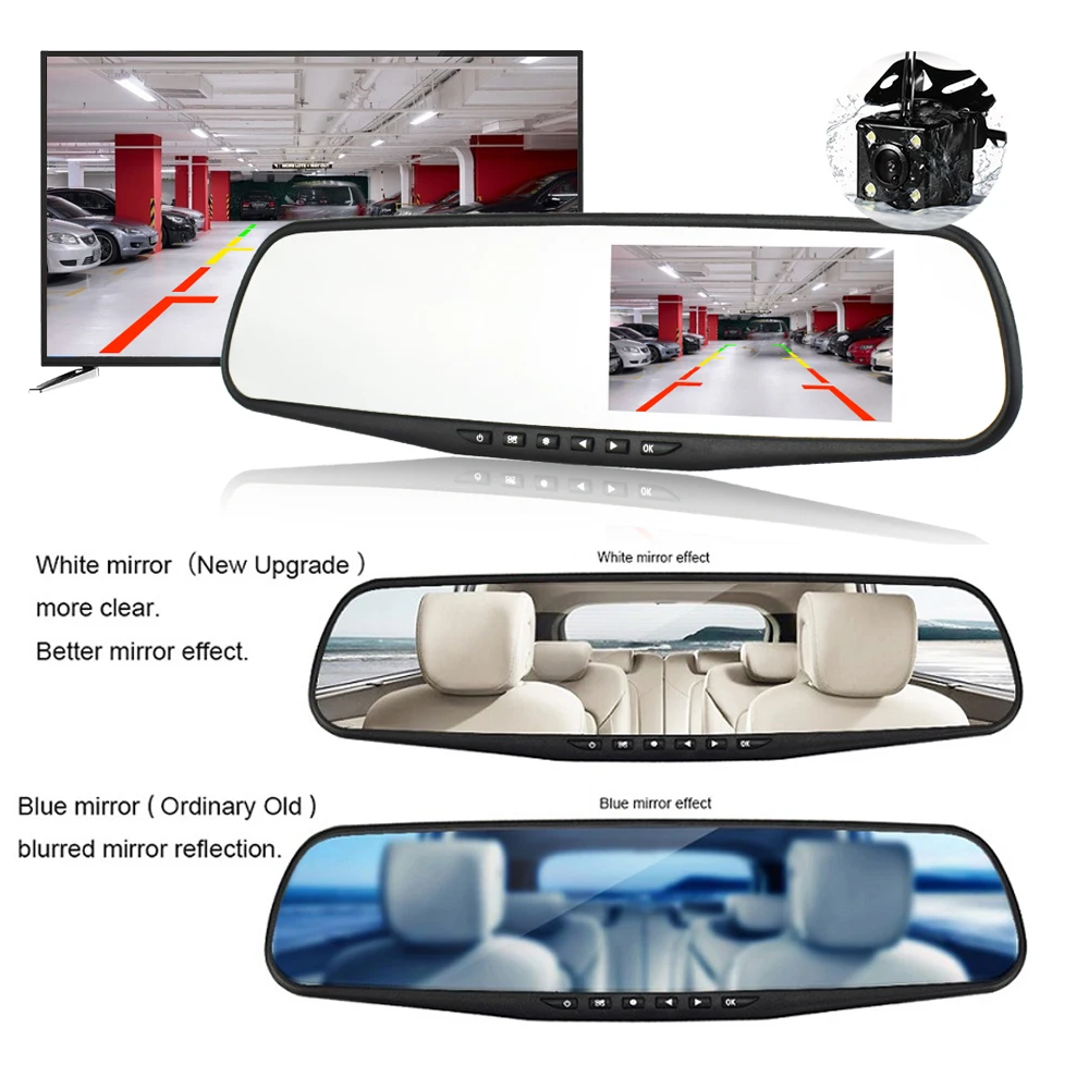  4.3 inch Car DVR Camera White screen Rearview Mirror Auto DVRs Dual Lens Recorder Video Registrator