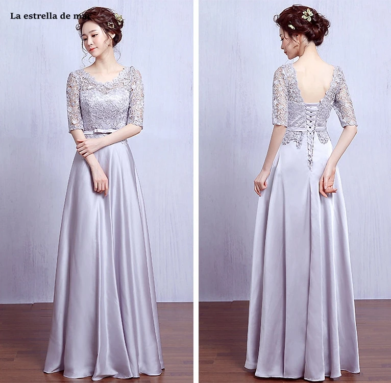 Vestido de madrinha de casamento longo 2019 Топ кружево Половина рукава трапециевидной формы Серебряные платья подружек невесты Дешевые платье для