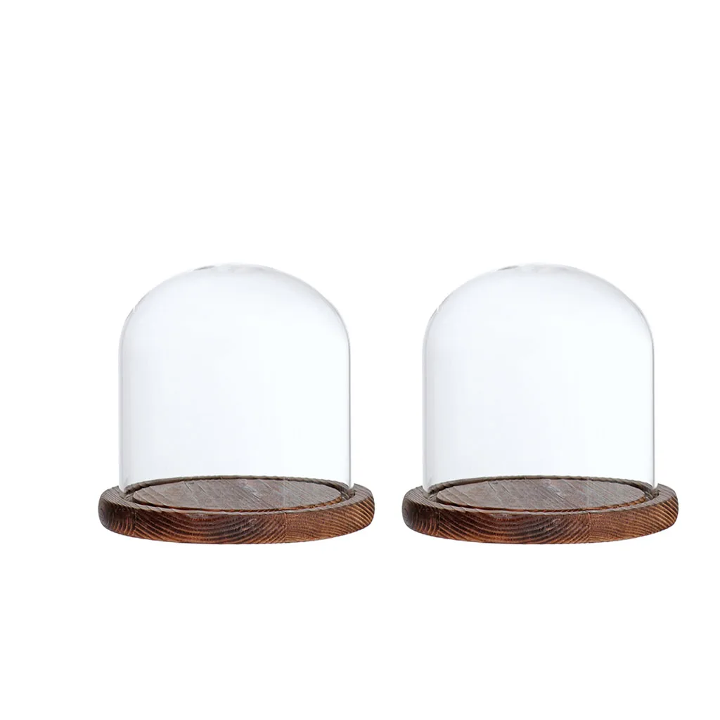 2Pcs 12x12cm Glass Landscape Flower Container LED Light Ornament Display Stand Cover Dome with Wooden Base Brown