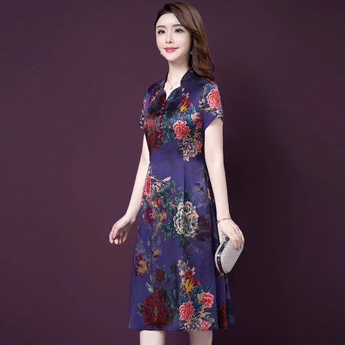

2019 Spring Summer Fashion Short Sleeve Silk Women Dress New Style Big Code High End Elegant Temperament Female Dresses A-line