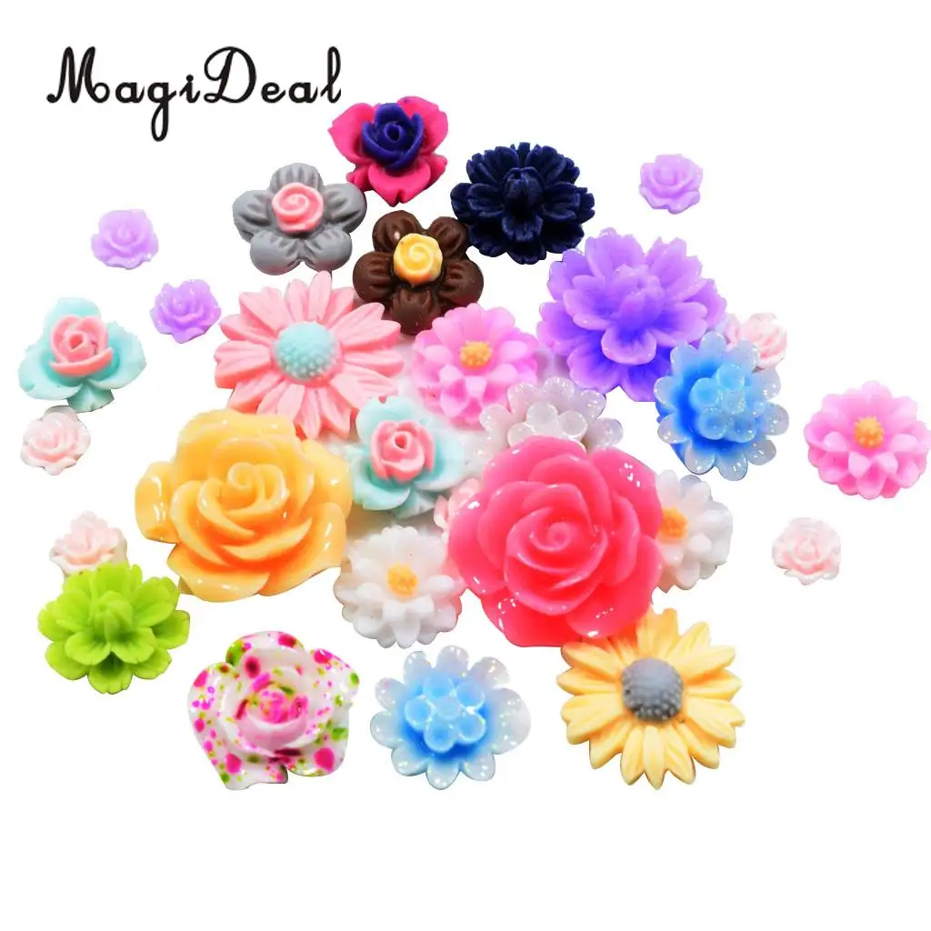 MagiDeal 50Pcs Assorted Colors Size Resin Rose Flower Carving Rose Flower Beads Accessories Synthetic stone material 