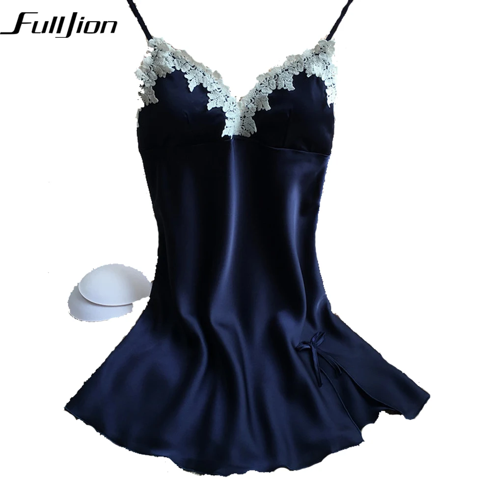 Fulljion Women Sexy Silk Satin Nightgown Lace Night Dress Sleeveless 