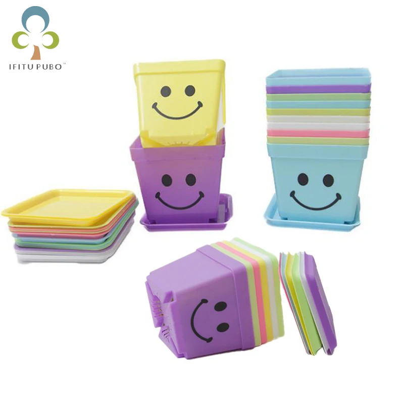 

10pcs/Lot 10*9cm Emoji Smile Face Flower Pots with Pot Trays Plastic Pots Creative Small Square Pots for Succulent Plants GYH