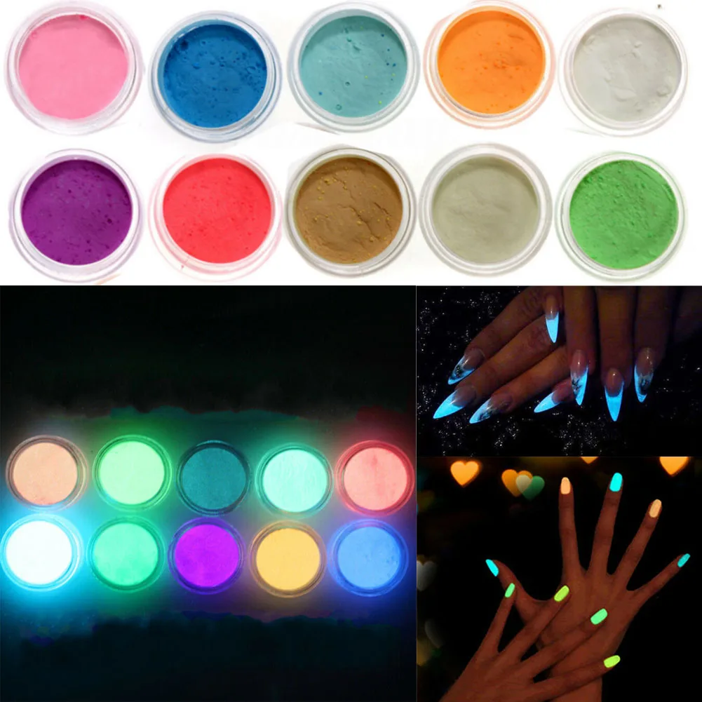 

10 Neon Colors Phosphorescent FLUORESCENT Powder Glow In Dark Nail Art Acrylic