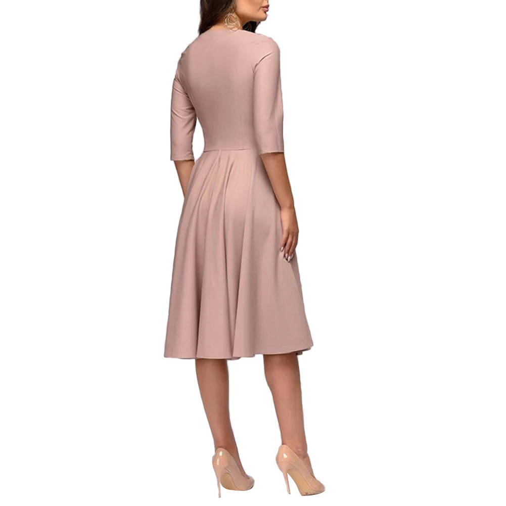 Одноцветное Цвет Для женщин 3/4 рукава шею бинты Slim Fit вечерние платье миди|Платья|