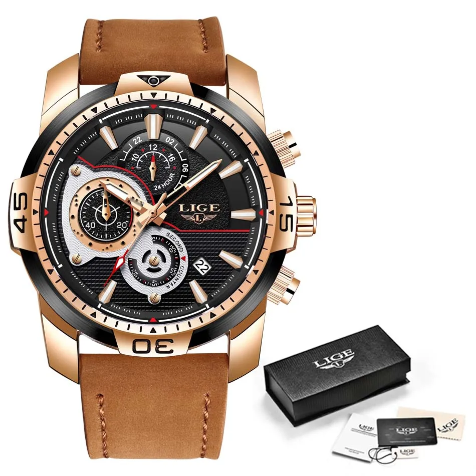 Relogio Masculino LIGE новые мужские часы лучший бренд роскошный, кожаный, в деловом стиле золотые часы мужские модные водонепроницаемые спортивные кварцевые часы - Цвет: Rose Gold Black