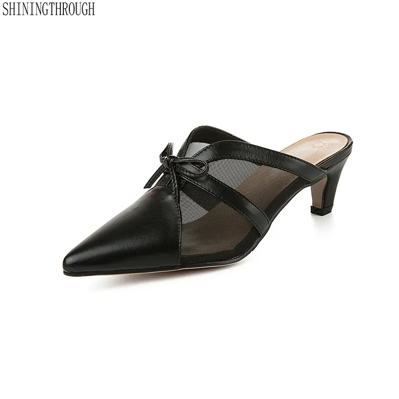 

2019 Summer Mules Slides Women High Heel Slippers Lady Pointed Toe Sandals Dress Shoes bowties Slippers