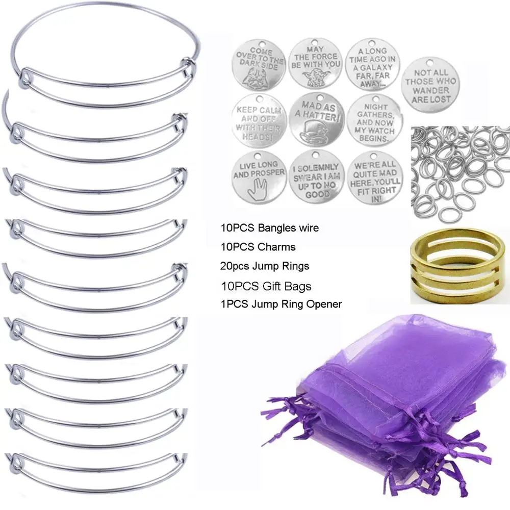 

10PCS/Set Silver Tone Expandable Wire Bangle Bracelets Charms Gift Bags for Jewelry Making