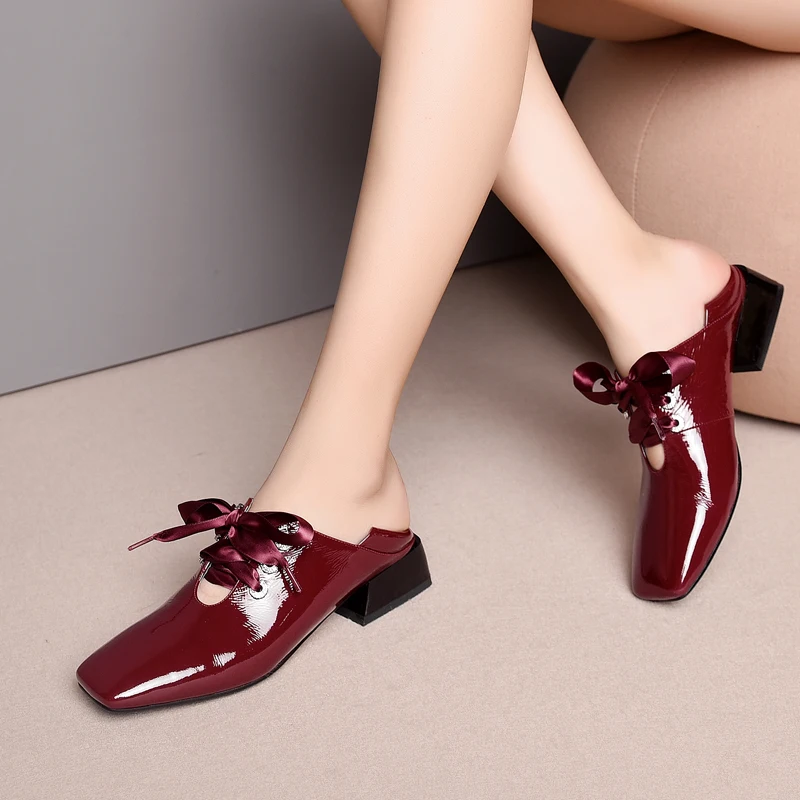 

Women Cow Leather High Heels Spring Autumn Square Toe Lace Up Genuine Leather Platform Pumps Patent Leather Ladies Footwear