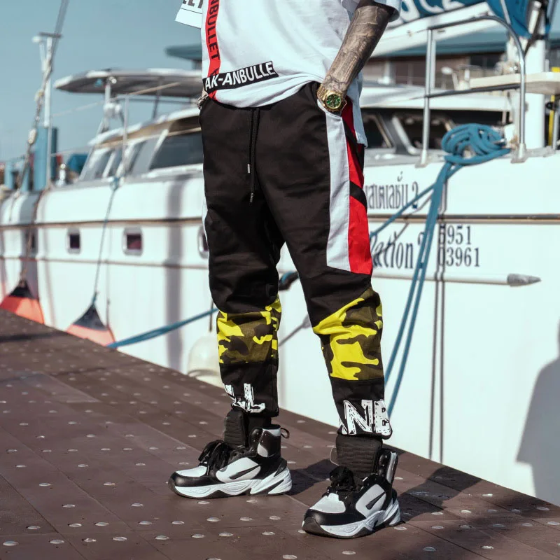 Прямая доставка японский стиль Vogue пэчворк контрастный цвет хип-хоп джоггеры брюки мужские шаровары Брюки Слаксы размер США