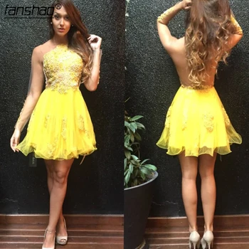 

Yellow Homecoming Dresses A-line Long Sleeves Short Mini Tulle Lace Beaded Elegant Cocktail Dresses