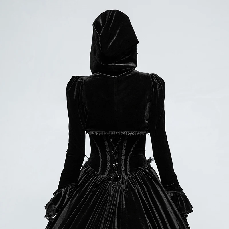 PUNK RAVE Gothic Bolero Velvet Shrug Black Woman Little Jacket Thick Short Coat with Hat Novelty Design Hoodie for Winter