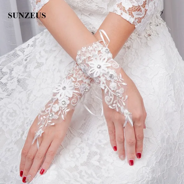 Wrist Length Short Wedding Gloves For Bridal Fingerless With Wrist Length Short Wedding Gloves For Bridal Fingerless With Beaded Flowers Bride White