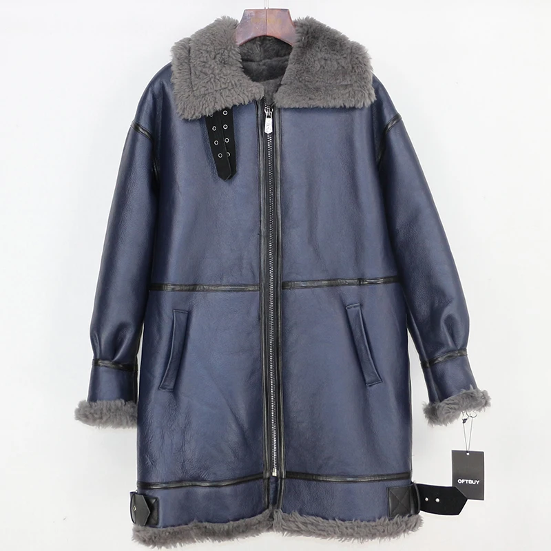 OFTBUY 2019 Winter Jacket Women Real Fur Coat Genuine Leather Natural Merino Sheep Fur Liner Double-faced Fur Streetwear parka