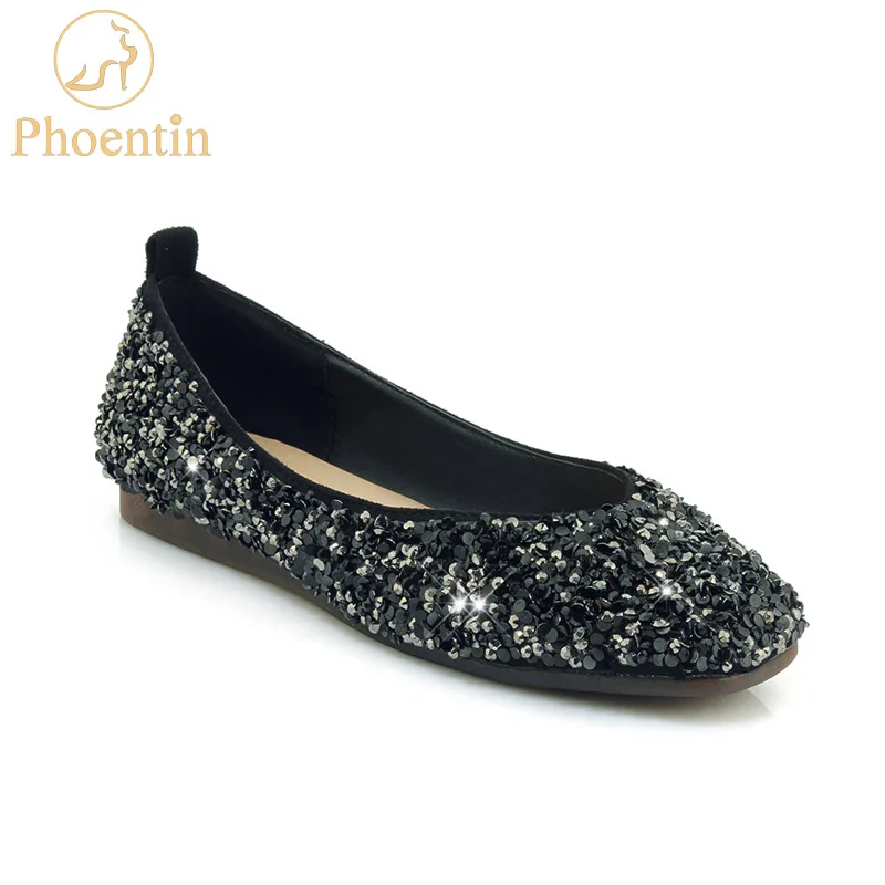 Phoentin black ballet flats women bling slip on ladies shoes square toe 2019 shoes woman 44 comfortable flats for women FT601
