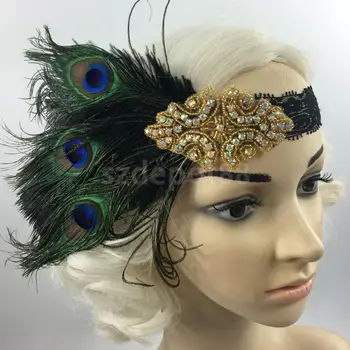 

Vintage Feather 1920s Great Gatsby Flapper Crystal Diamante Headband Peacock