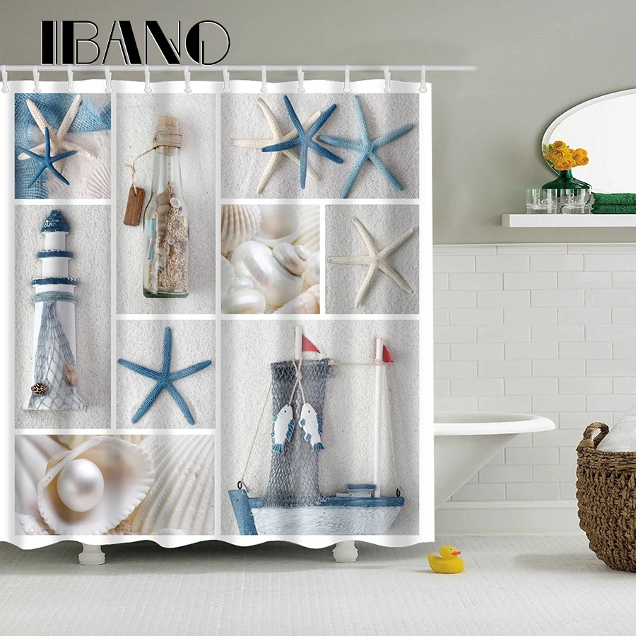 

Starfish Shell Pattern Shower Curtain Waterproof Polyester Fabric Curtain For The Bathroom With 12PCS Hook Wholesale